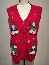 Vntg Bobbie Brooks Women's Sz XL 16/18 Red Knit Christmas Snowman Sweater Vest