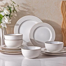 Ceramic Dinnerware Sets,12 pcs Embossed Elegant Stoneware Plates and Bowls Se...