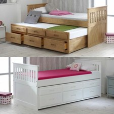 Wood Guest Bed, Captains Storage Bed Pine or White Single - 4 Mattress Options