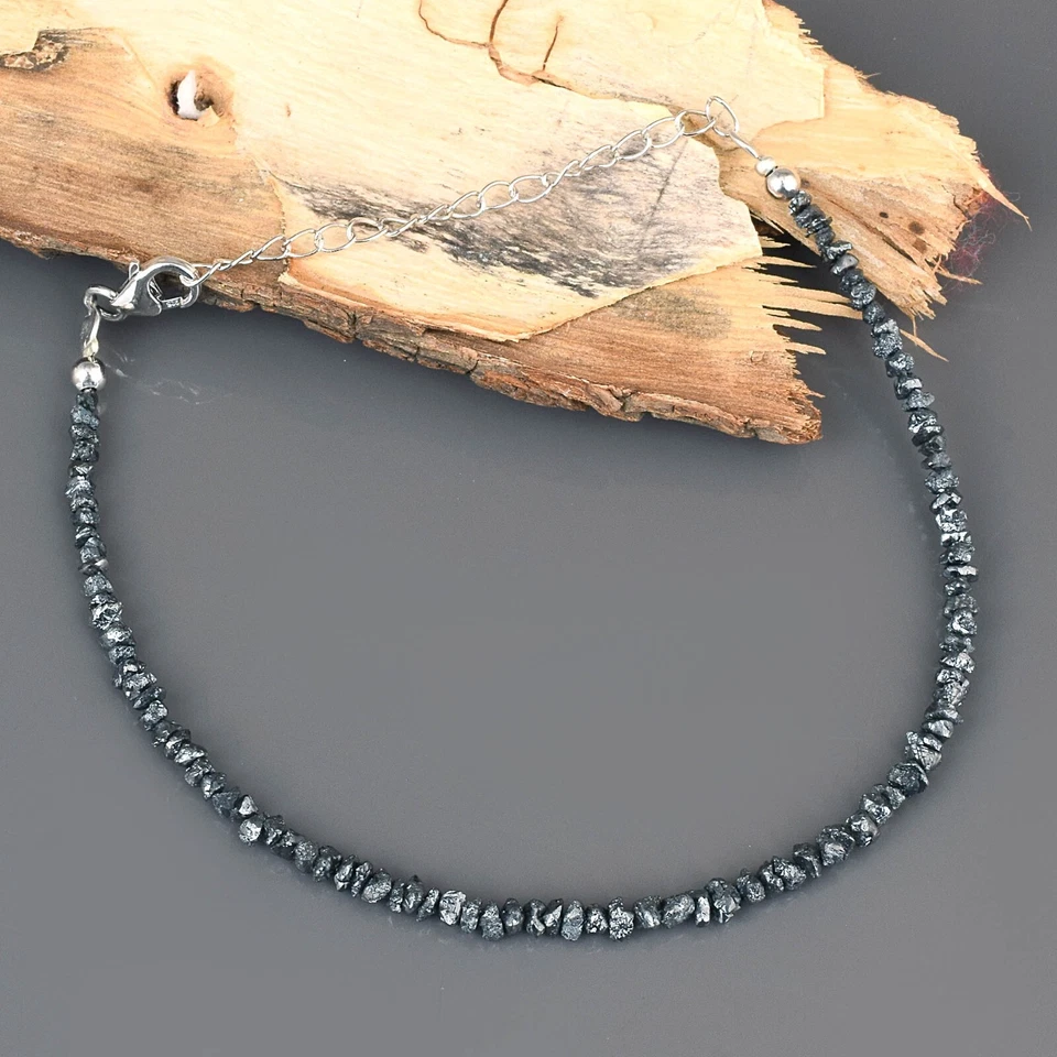 Natural Black Diamond Loose Beads Nuggets Bracelet Raw Rough Stone Bracelet 8.7" - Image 2 of 4