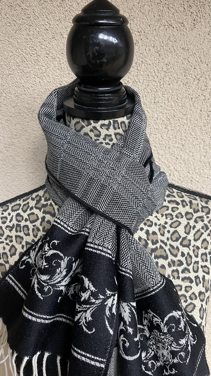 Versace 100% Wool Black/Grey Greek Key Medusa Logo Fringes Scarf