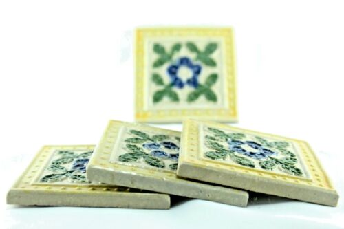 Antique Ceramic Tile Set: Vintage Victorian Majolica Art, Floral Design, 4 Pcs - Picture 1 of 8