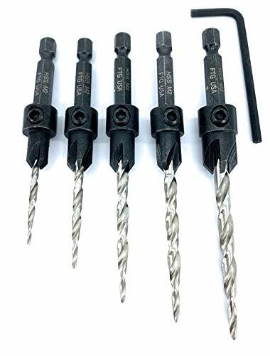 FTG USA FTG Maximum Torque - 5 Piece Adjustable Wood Countersink #4, 6, 8, 10, 12 Value Set with Hex Wrench - Tapered Drill Bits