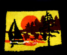 Vtg 70s Latch Hook Rug Forest Sun Sailboat Orange Yellow 27x19" Wall Hanging