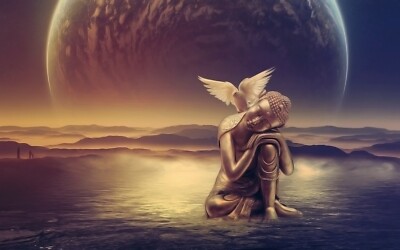Buddha Taube Vogel Erde Wasser Religion großes gerahmtes Kunstbild Leinwandbild 20 x 30 Zoll