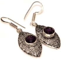 925 Silver Plated Amethyst Earrings Handmade Gemstone Jewelry Size 1.8" GW