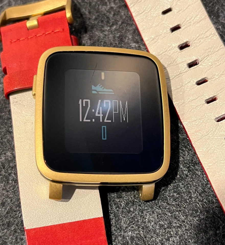 Pebble Time Steel Gold smartwatch + Red Leather Band, iPhone/Android - Image 2 of 4