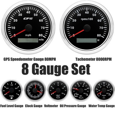 8 Gauge Set 85mm GPS Speedometer 80MPH&Tacho&52mm Fuel/Temp/Oil/Volt/Clock Gauge