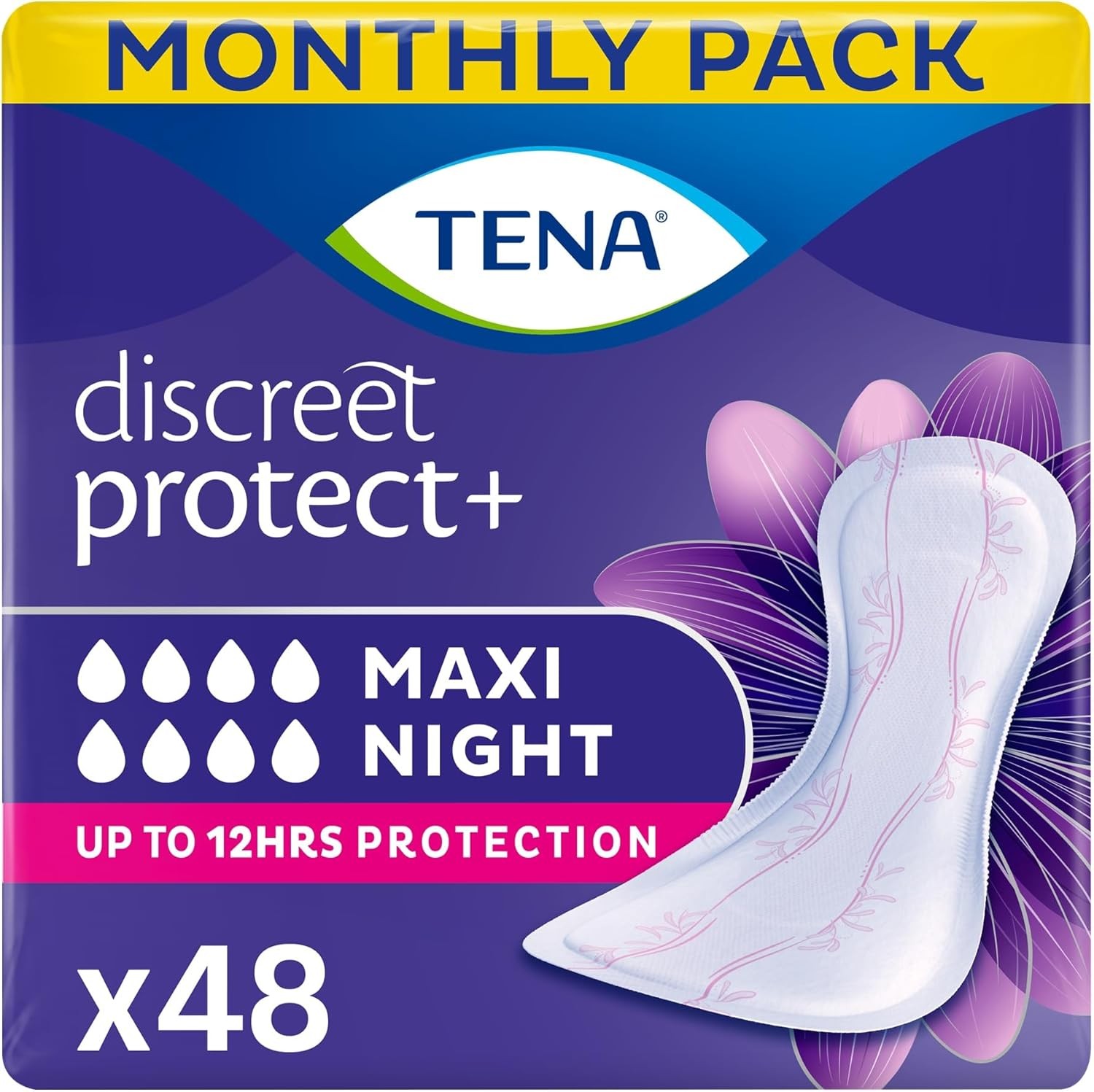 TENA Discreet Maxi Night, Incontinence Pads for Women, Specifically Designed for