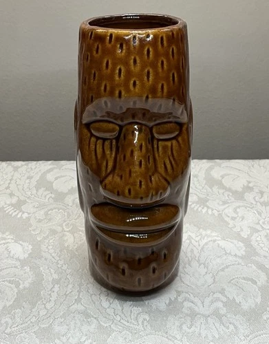 Vintage Brown Polynesian Tiki Ceramic Mug Cup Easter Island Moai Statue