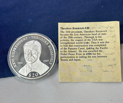 999 Fine Silver Proof THEODORE ROOSEVELT 20 Grams $20 Liberia Coin