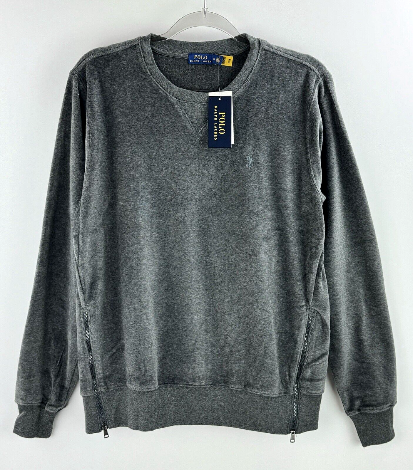 POLO Ralph Lauren Pullover Velluto Grigio Pony Zip Laterale Felpa Donna M $125