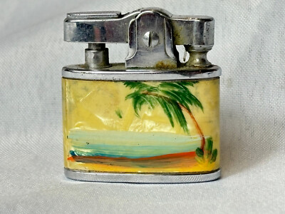 Mini Vtg Firefly Lighter Painted Palm Tree Beach Celluloid Luster Made in Japan