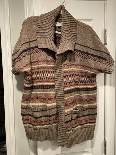 Sonoma Size XL Brown Striped Short Sleeve Knit Open Front Cowl Neck Cardigan