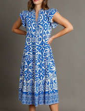 Umgee Midi Dress Floral Blue Two Tone Border Print Ruffle Cap Short Sleeve