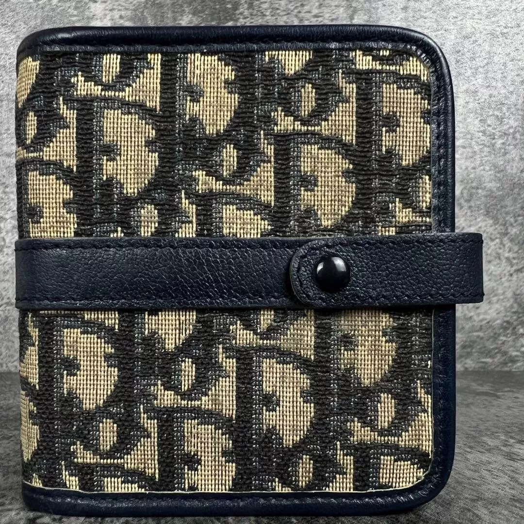 Portefeuille Christian Dior trotteur toile cuir plié bleu marine beige France D557