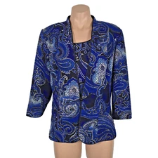 Alex Evenings 2 pc Set Tank Top Blazer Jacket Gold Metallic Blue Paisley Floral