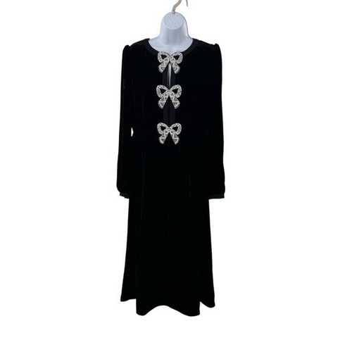 Saloni NEW Velvet Camille Bows Long Sleeve Formal Elegant Midi Dress Size 6 - Picture 4 of 11