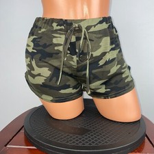 Shein S Camouflage Camo Patterned Elastic Tie Waist Shorts Rounded Curved Hems