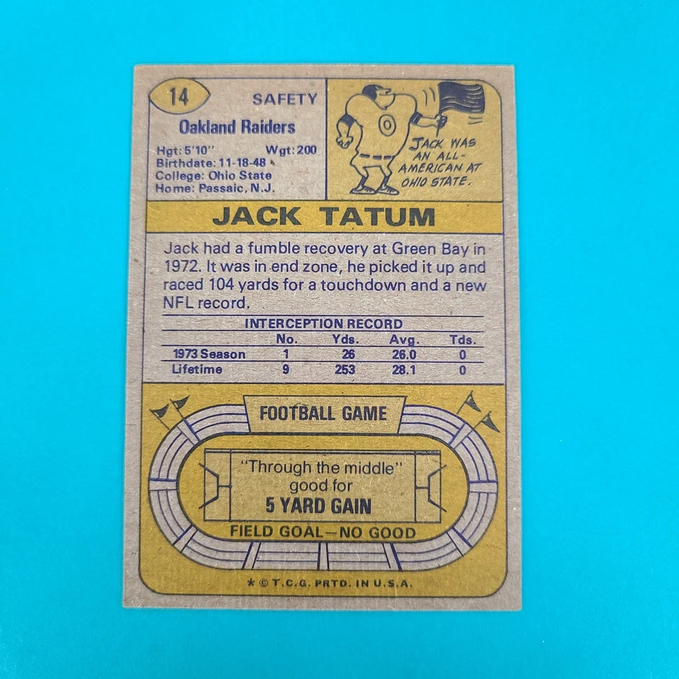 1974 Topps #14 Jack Tatum Oakland Raiders FOOTBALL Card H8 - Image 2 of 2
