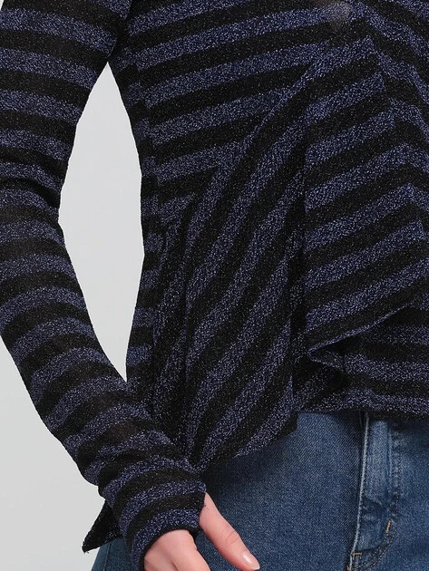 Zara Sz M Blue Black Metallic Thread Shimmer Ruffle V Neck Blouse Top NWT NEW image 4