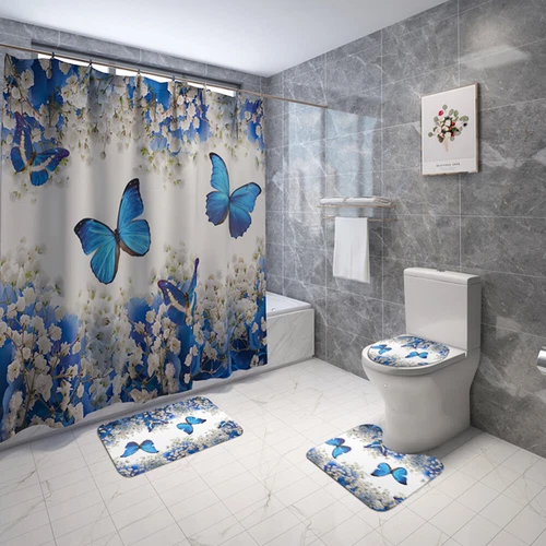 4Pcs/Set Butterfly Rose Waterproof Shower Curtain Toilet Lid Cover Bathroom Mat - Bild 5 von 36