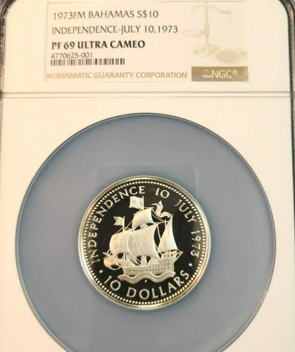 1973 BAHAMAS SILVER 10 DOLLARS INDEPENDENCE DAY NGC PF 69 ULTRA CAMEO TOP POP