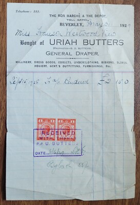 1929 Uriah Butters, General Draper, Beverley, Rechnung an Miss Hanson,