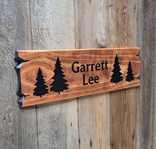Personalized Custom Name Sign with Pine Trees Hand Carved Rustic Wooden ...