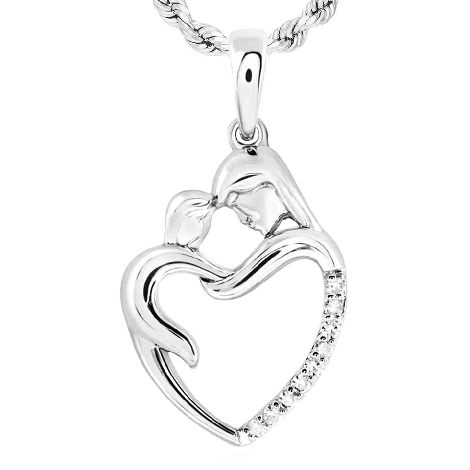 Colgante Corazón Madre Niño Rosa Amarillo Blanco Oro 10K Diamante Natural 0.06CTW Foto 2 de 4