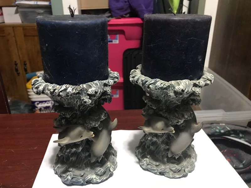 3 Grey Dolphins Ocean Waves Heavy Resin Candle Holder Figurine Pillar Candle Use