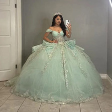 Mint Green Quinceanera Dresses with Bow Off Shoulder Sweet 15 Ruffle Ball Gowns