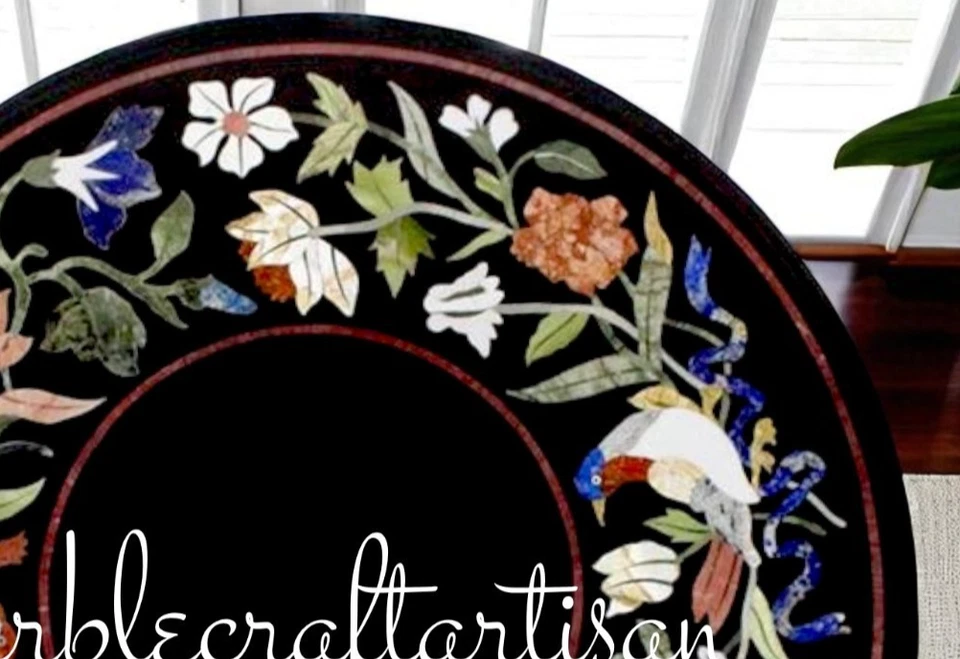 Black Marble Inlay Coffee Tabletop Marquetry Art Luxury Console Furniture Decor - Image 2 of 4