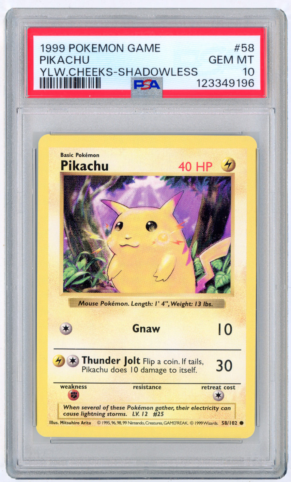 POKEMON 1999 BASE SET PIKACHU - YELLOW CHEEKS SHADOWLESS #58 PSA 10 GEM MINT