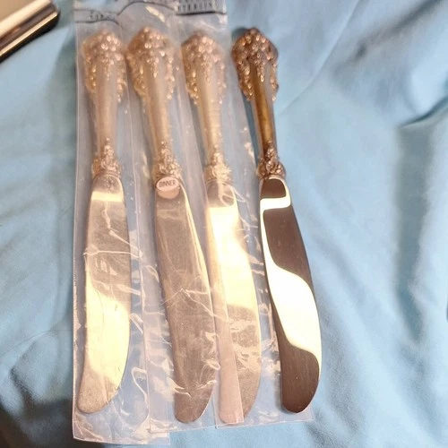 Wallace Grand Baroque Sterling Silver Handle SS Blade Dinner Knives Set of 4