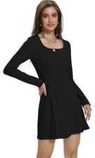 Womens Long Sleeve Square Neck Mini Dress Basic Bodycon Athletic Casual black M