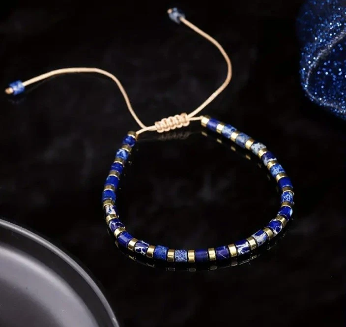 ✅ Edelstein Armband Aventurin Blau Natur Stein Gold Perlen Boho Verstellbar Neu✅ - Bild 3 von 4