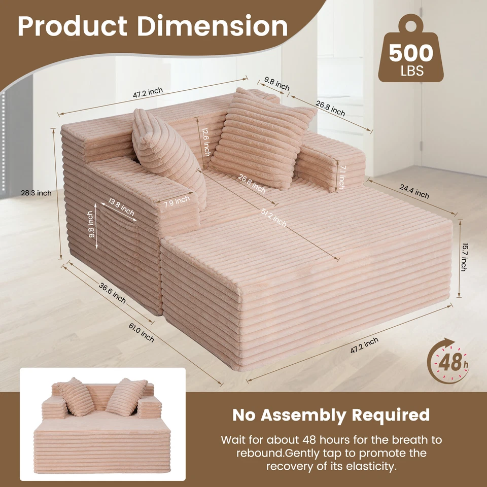 Sofá cama SLSY, sofá cama chaise lounge de gran tamaño interior con otomana Foto 2 de 4