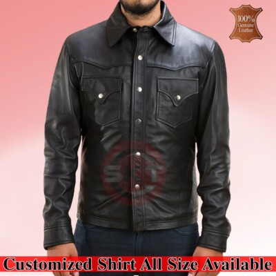 Men's Soft Black Leather Slim Fit Full Sleeve Button up Shirt Classic Style