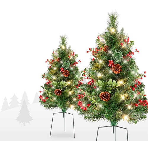 2 Stück Pre-Lit Weihnachtsbaum im Freien 24,5" Weg Rasen Urlaub Dekor - Bild 7 von 7