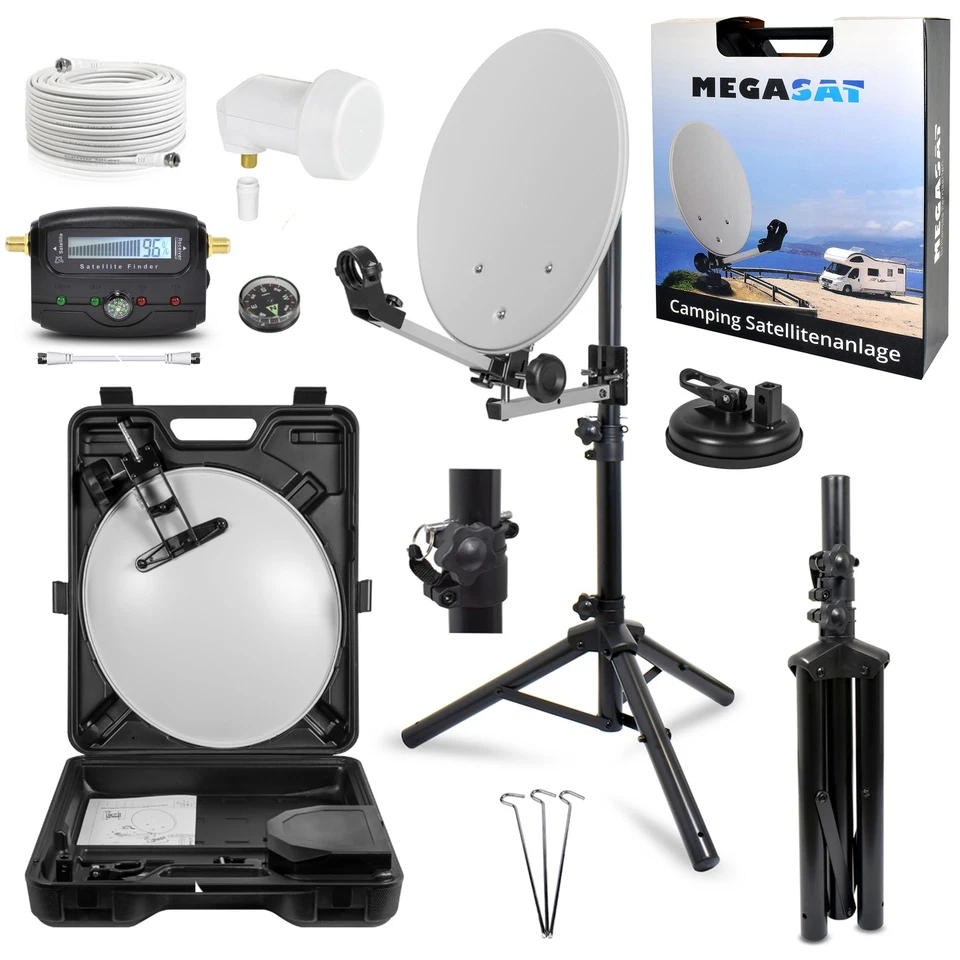 MEGASAT Camping Koffer SAT Anlage Schüssel + Stativ + LNB + Sat Finder Kabel HD