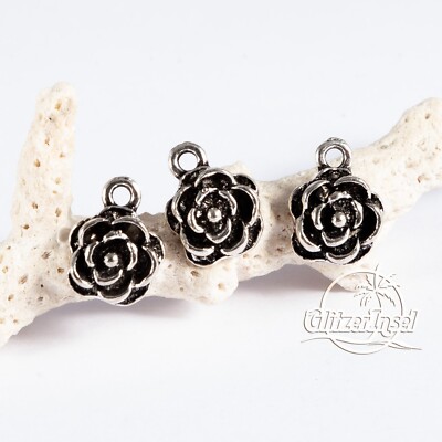 5x Schmuck Anhänger Rose Charm Blume 3D Silber Metall 14mm GlitzerInsel 00370