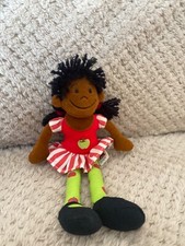 Plüsch Jellycat dunkelhäutige Mädchen Puppe schwarze Haare Apfel Kleid & Beine Vintage