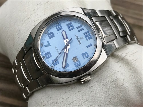Festina Ladies Watch Silver Tone Date Calendar Analog Blue Face Registered Model
