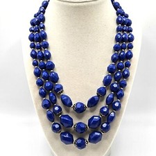VINTAGE Faceted Blue Acrylic Plastic Beaded Triple Strand Bib Necklace