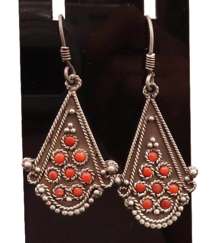 925 Silver Vintage Twisted Rope And Coral Chandelier Earrings EG12432 - Image 2 of 4