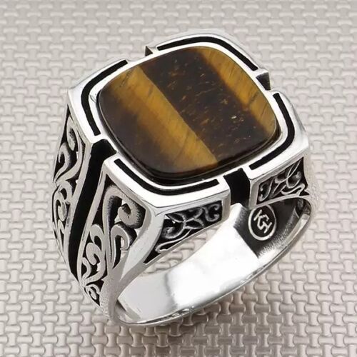 De Tigre Eye Rectangle Pierre Précieuse 925 Argent Sterling Handmade Homme Bague - Photo 1/5