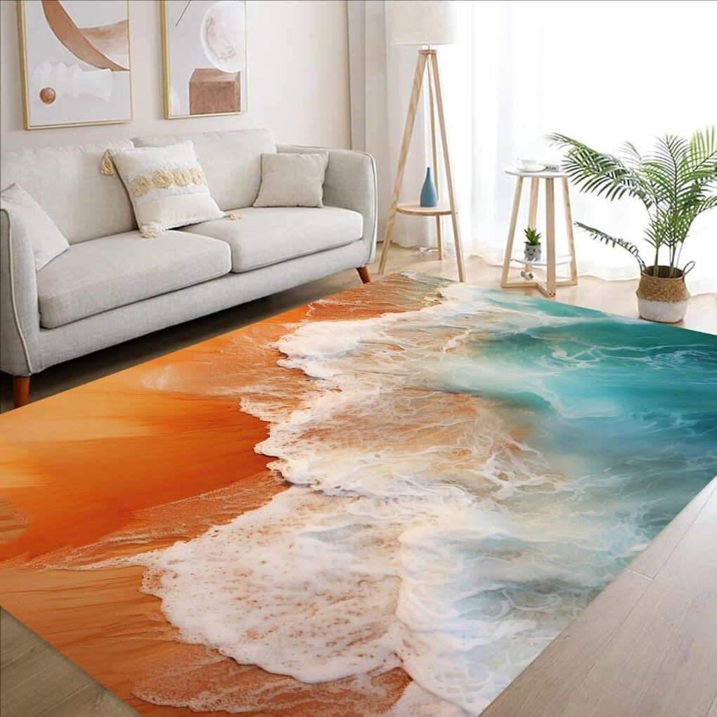 Blue White Orange Beach Ocean Wavy Rug Modern Vibrant Visual