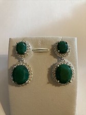 Natural Emerald  White CZ Halo Oval Drops Silver Earrings