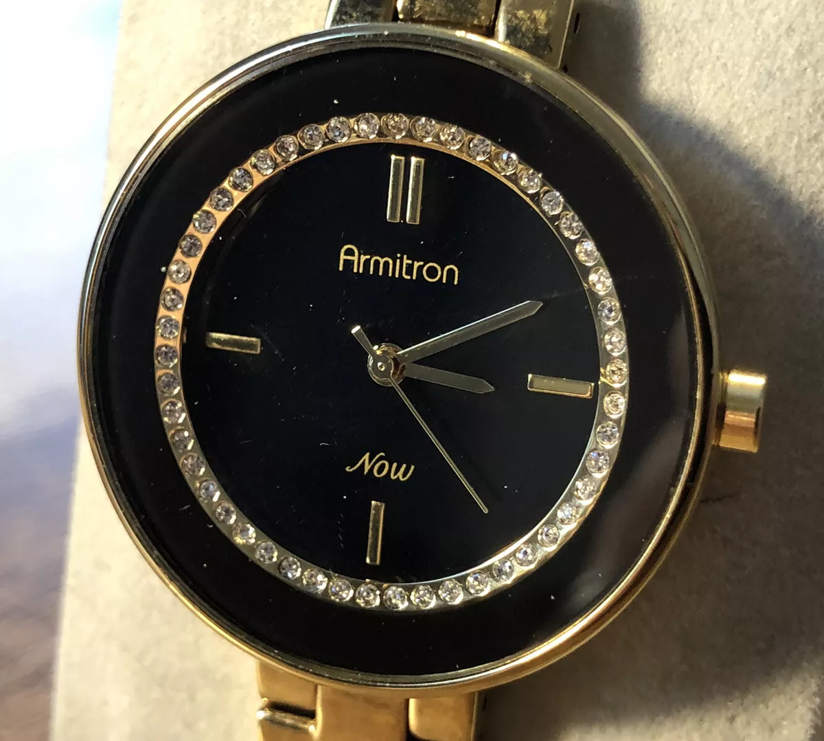 Vintage Armitron Watch Womens Now Gemmed Dial Black Gold Tone New Battery